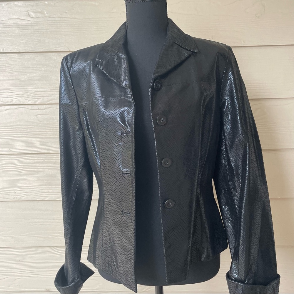 Black Women's Shiny Snake Textured Button-Front Leather Jacket